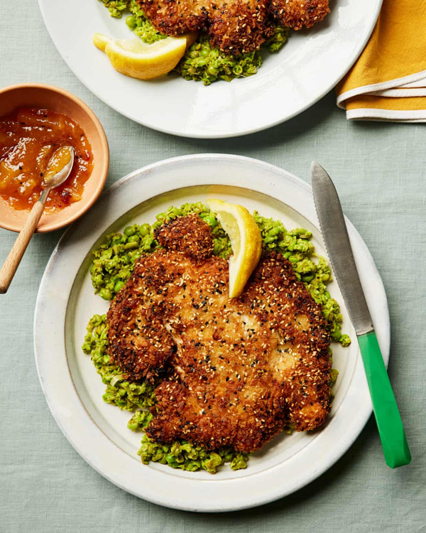Mango chicken schnitzel with lime leaf peas