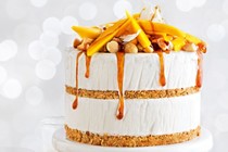 Mango, coconut & macadamia ice cream layer cake with chilled lime caramel
