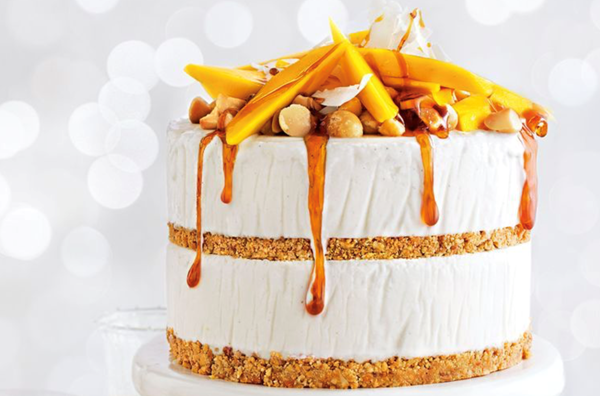 Mango, coconut and macadamia ice cream cake with chilled lime caramel
