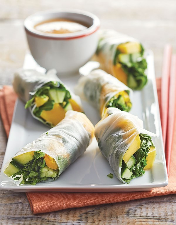 Mango-cucumber spring rolls with miso dipping sauce
