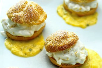 Mango-filled cream puffs with spiced mango-mojito sauce