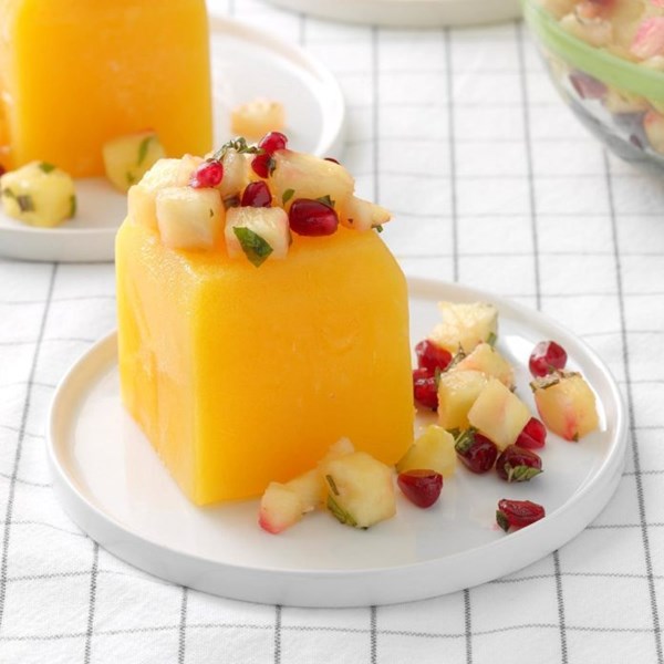 Mango glacé with pineapple pomegranate salsa