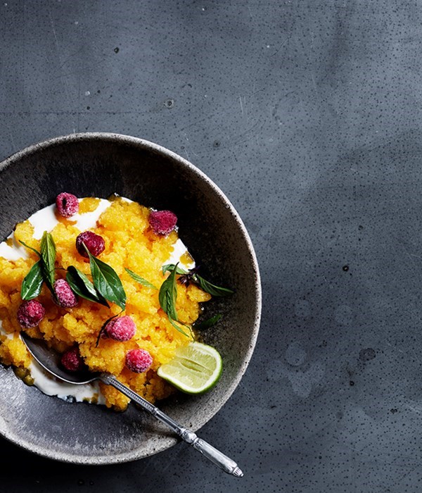 Mango granita with lemongrass, raspberries and yoghurt
