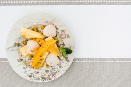 Mango, lychee and passion fruit salad with star anise sugar