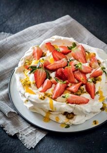Mango, passion fruit and strawberry Pavlova