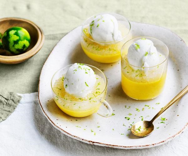 Mango pudding with lime tapioca and coconut ice-cream
