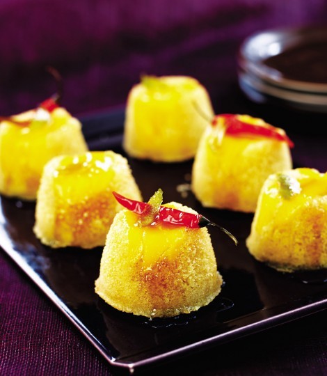 Mango puddings with chilli syrup