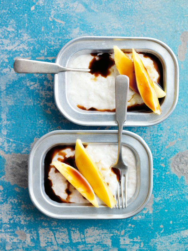 Mango rice pudding with palm sugar and lemongrass syrup