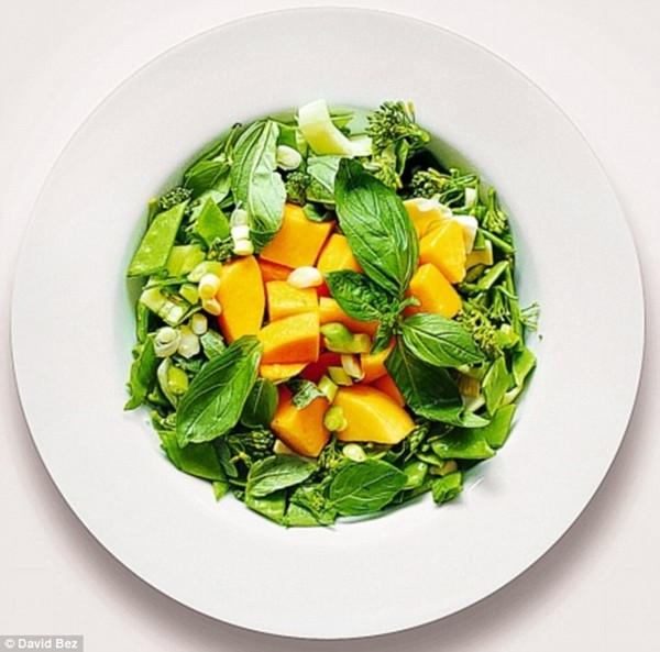 Mango, snow peas, bok choy and broccoli