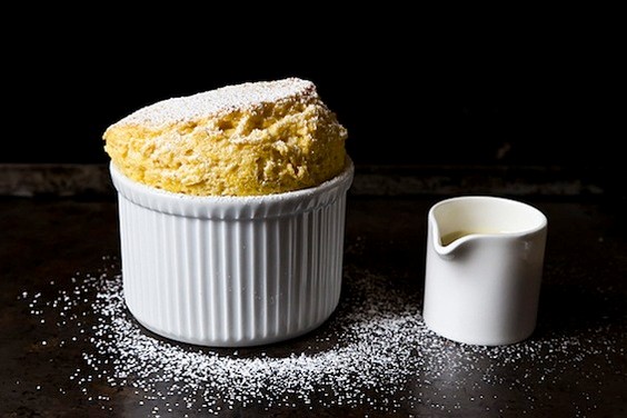 Mango soufflés with coconut-lime crème Anglaise