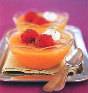 Mango soup with coconut sherbet and strawberry sorbet