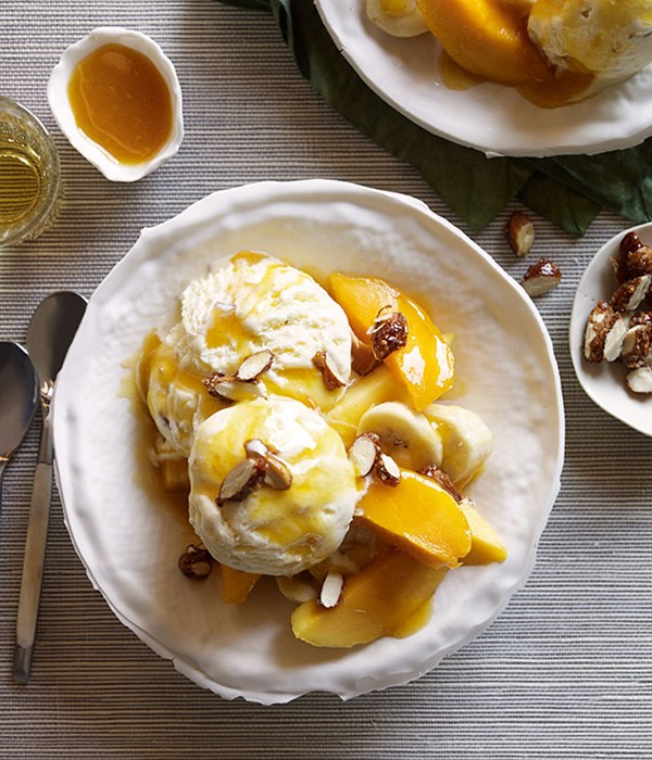 Mango sundaes with salted-caramel ice-cream