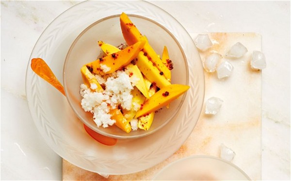 Mangoes with pink peppercorns and ginger granita