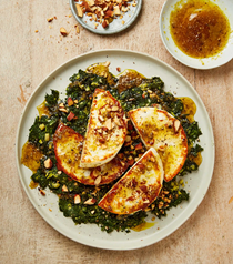 Manouri with tea honey and spinach tapenade