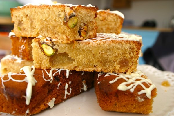 Manuka honey and root ginger blondies with pistachio nuts