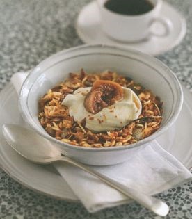 Manuka honey-roasted granola with vanilla-poached figs and vanilla yoghurt