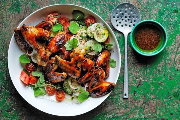 Maple & harissa chicken wings with tabbouleh