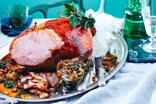 Maple & paprika glazed ham with festive nuts