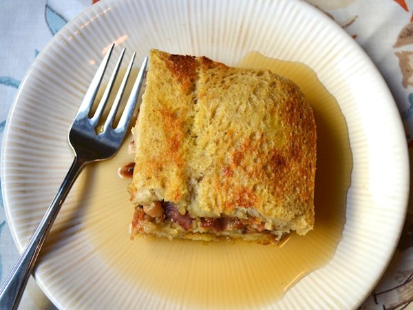Maple-, pecan-, and bacon-stuffed French toast