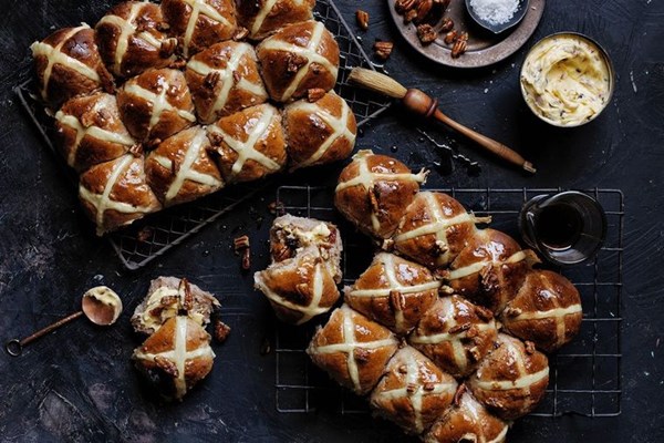Maple & pecan hot cross buns with bacon butter