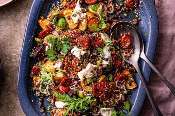 Maple & zaatar-glazed winter vegetable and chorizo salad