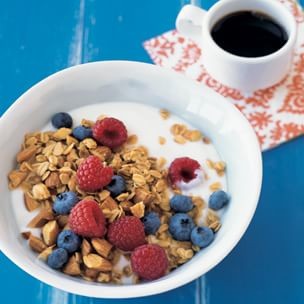 Maple-almond granola with seasonal fruit