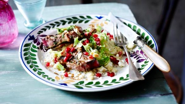 Maple and balsamic-glazed lamb chops with mint, toasted almonds & feta couscous