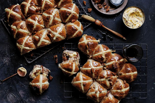 Maple and pecan hot cross buns with bacon butter