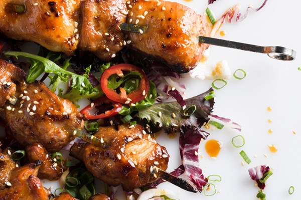 Maple and soy-glazed chicken skewers