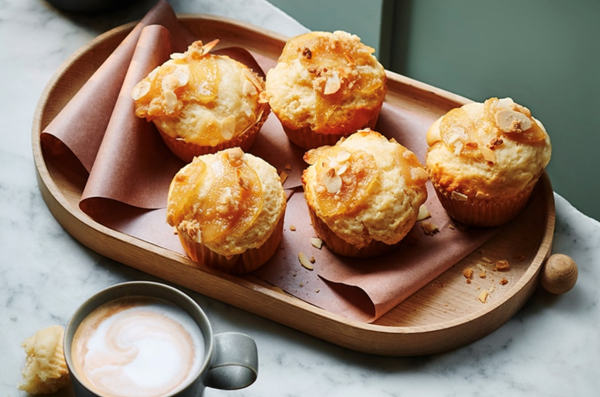 Maple and vanilla poached pear muffins with almond crumble