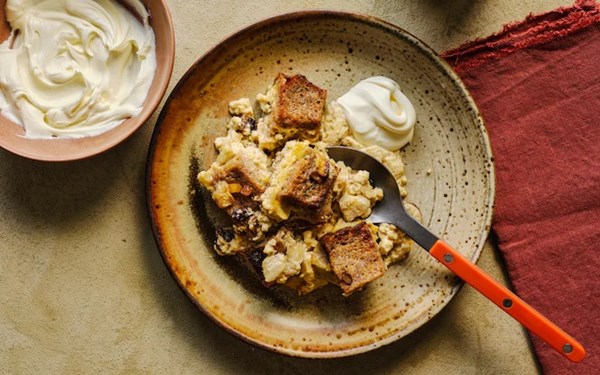Maple, banana and bourbon bread pudding