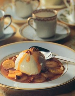 Maple banana compote with ginger ice cream