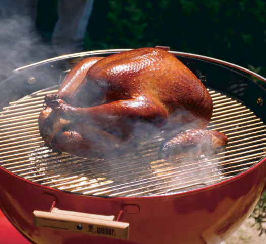 Maple brined, wood-smoked grilled turkey