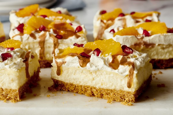 Maple cheesecake bars with vanilla bean whipped cream