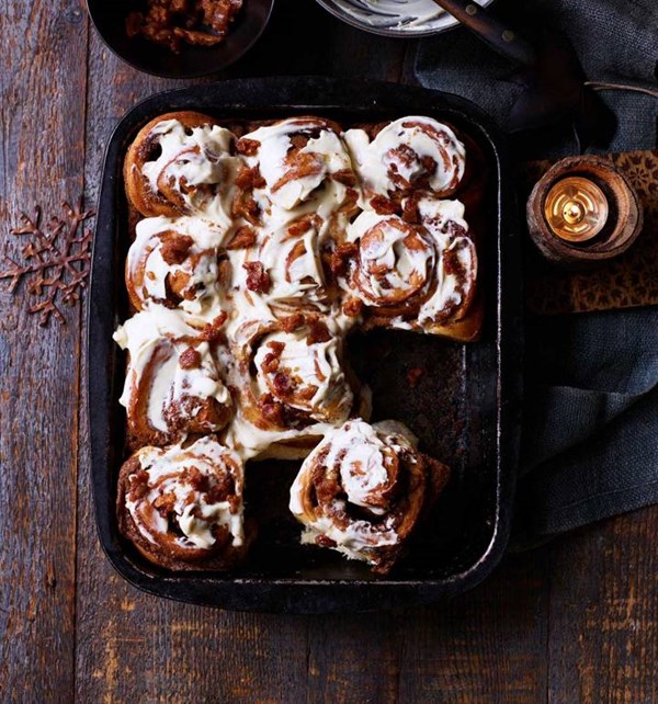 Maple cinnamon buns with bacon fat frosting