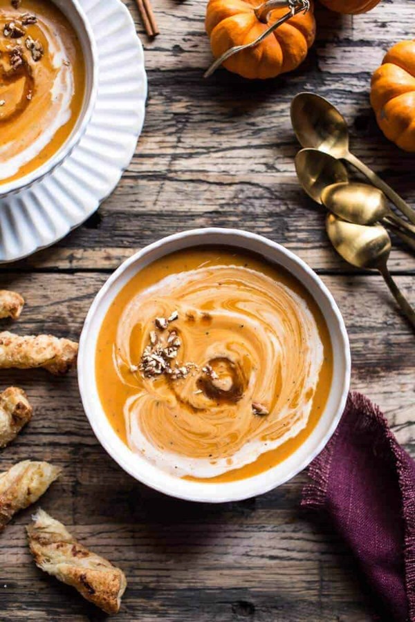 Maple cream sweet potato soup with cheddar cinnamon sugar twist