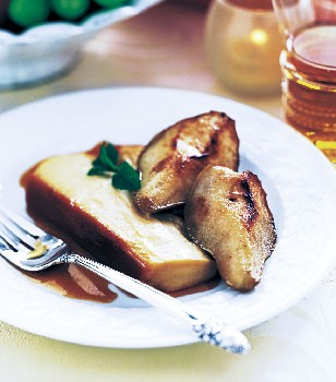 Maple crème flan with maple-glazed pears