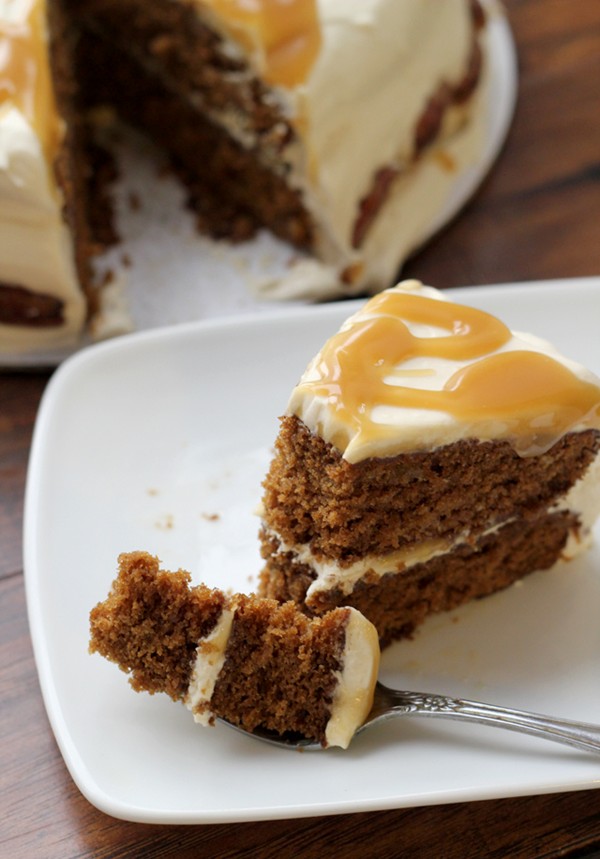 Maple-gingerbread layer cake with salted maple caramel sauce