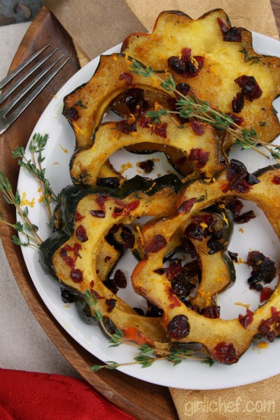 Maple glazed acorn squash with dried cranberries