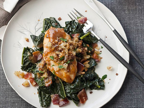 Maple-glazed chicken breasts with mustard jus