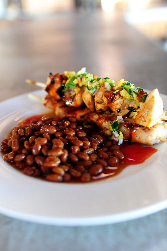 Maple glazed chicken kabobs with sweet jalapeño salsa