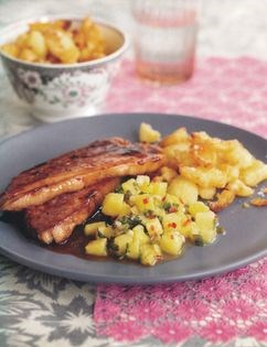 Maple-glazed gammon with chilli pineapple salsa and crunchy potatoes
