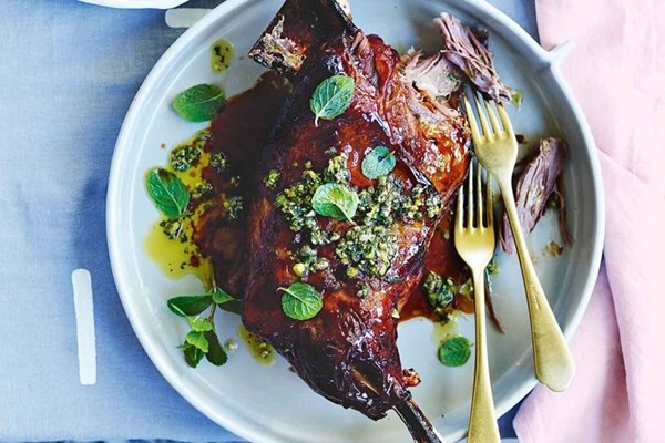 Maple-glazed lamb with mint & pistachio salsa verde