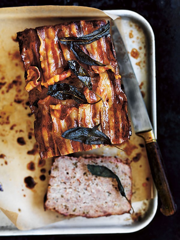 Maple-glazed meatloaf with crispy sage and pancetta