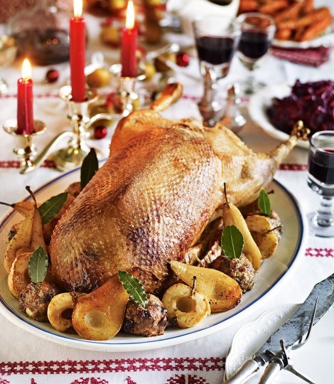 Maple-glazed roast goose with chestnut stuffing and sticky apples & pears
