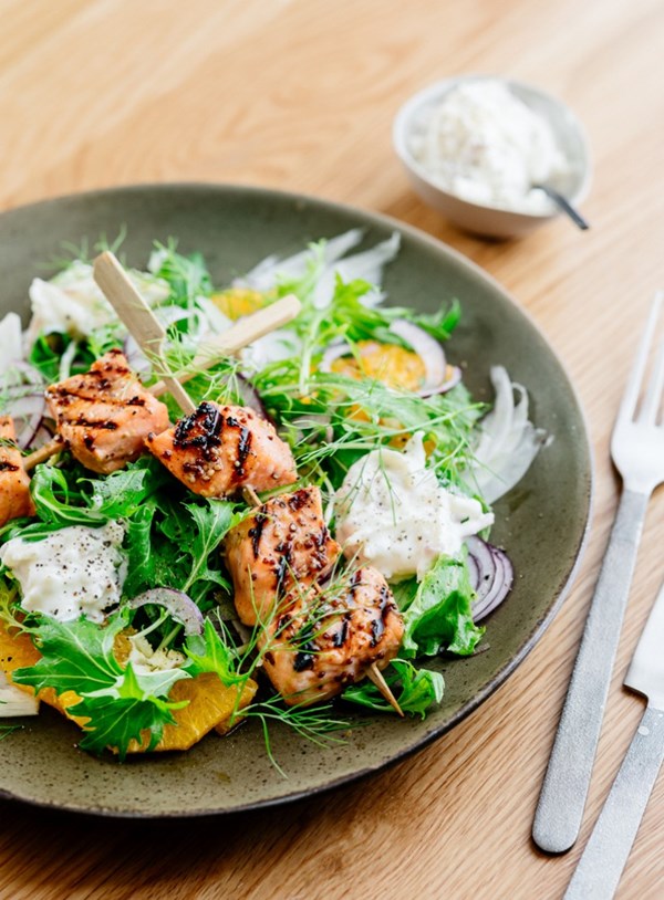 Maple-glazed salmon skewers with fennel and orange salad