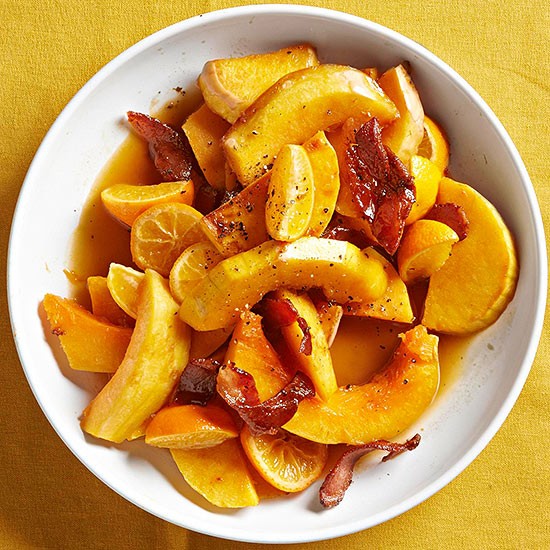 Maple-glazed squash with pancetta