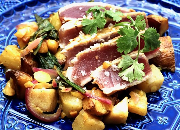 Maple-glazed tuna with pear-potato salad