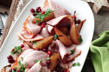 Maple, honey & spice-basted ham with glazed pears