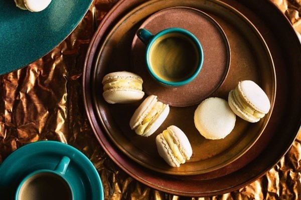 Maple macarons with marbled maple filling